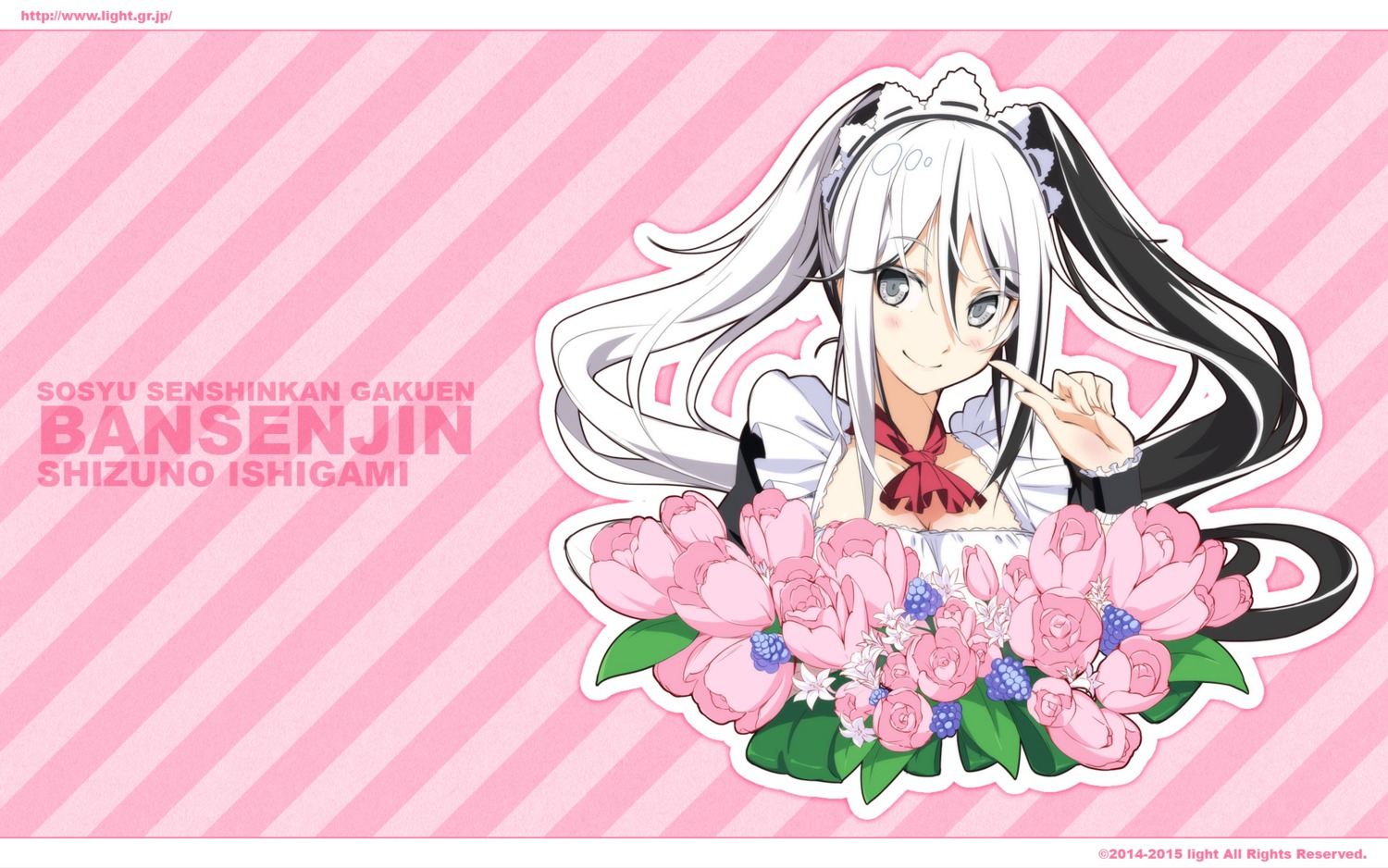 cleavage, g_yuusuke, ishigami_shizuno, light, maid, soushuu_senshinkan_gakuen_bansenjin, wallpaper