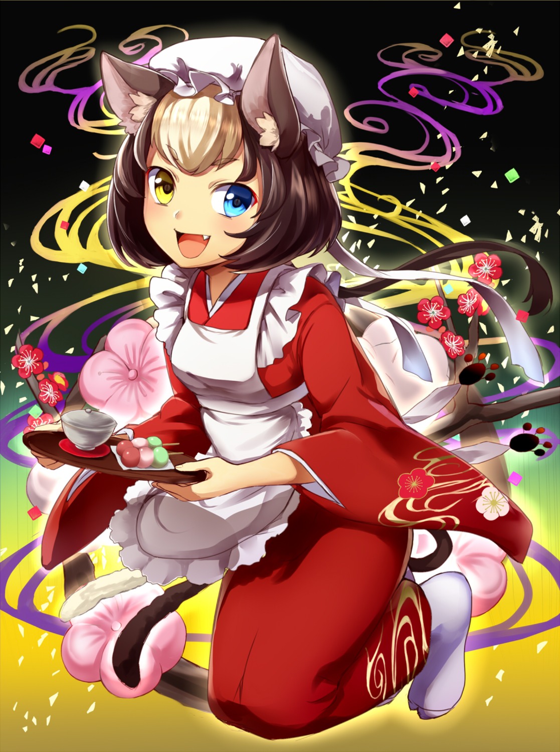 animal_ears, heterochromia, kimono, nekomimi, pn2_maru, tail, waitress
