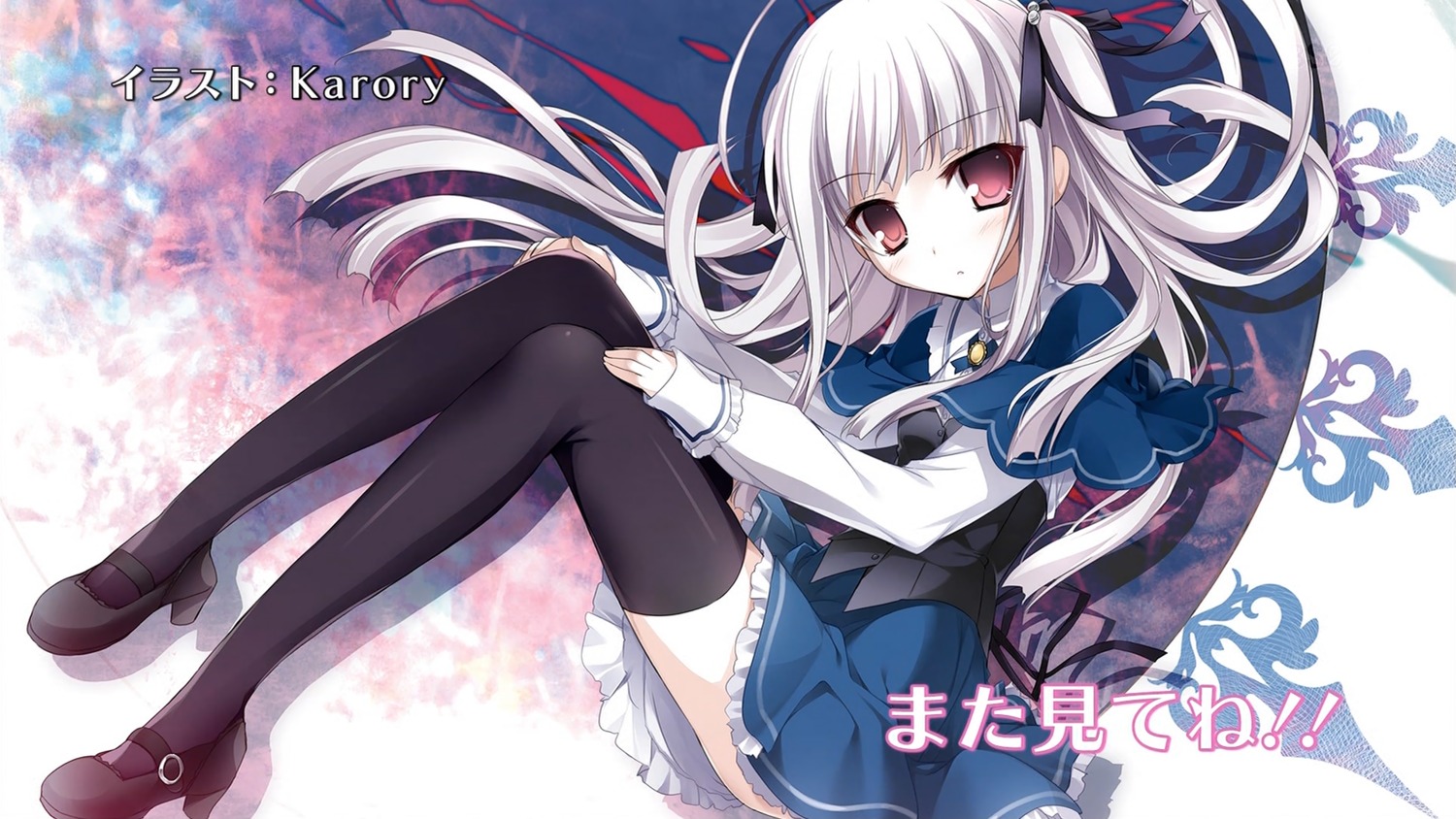 absolute_duo, endcard, heels, karory, seifuku, skirt_lift, thighhighs, wallpaper