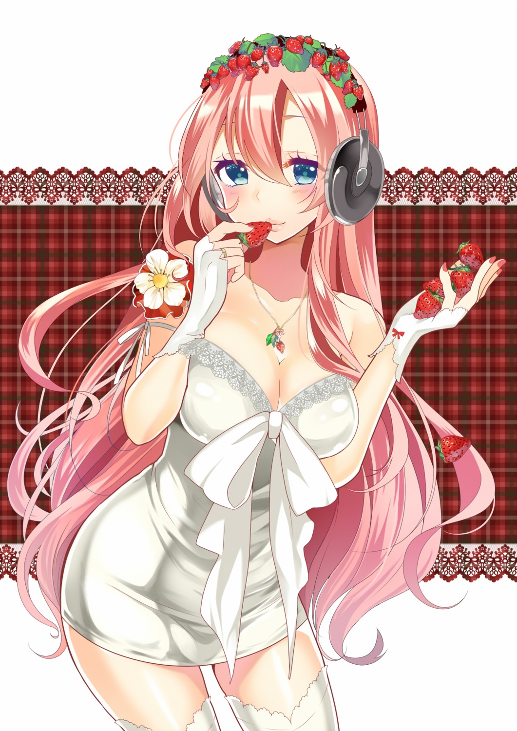 cleavage, dress, headphones, megurine_luka, temari_(artist), thighhighs, vocaloid