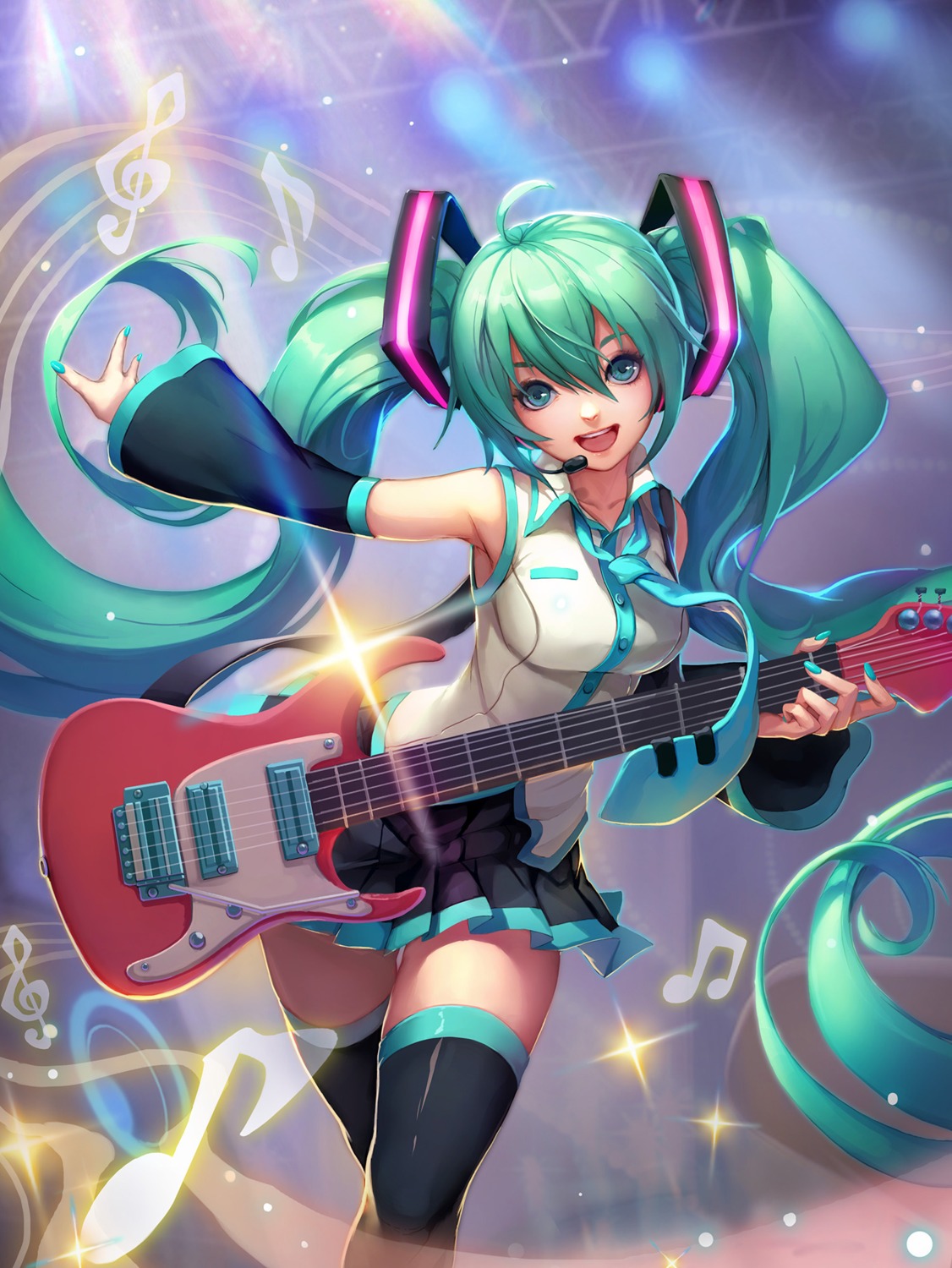 guitar, hatsune_miku, loewy, thighhighs, vocaloid