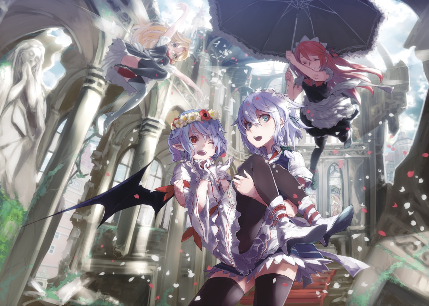 heels, izayoi_sakuya, kumonji_aruto, maid, pantyhose, pointy_ears, remilia_scarlet, thighhighs