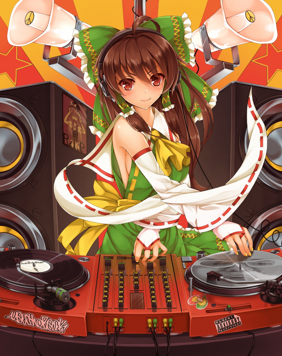 hakurei_reimu, headphones, kitou_kaitai, miko, no_bra, touhou