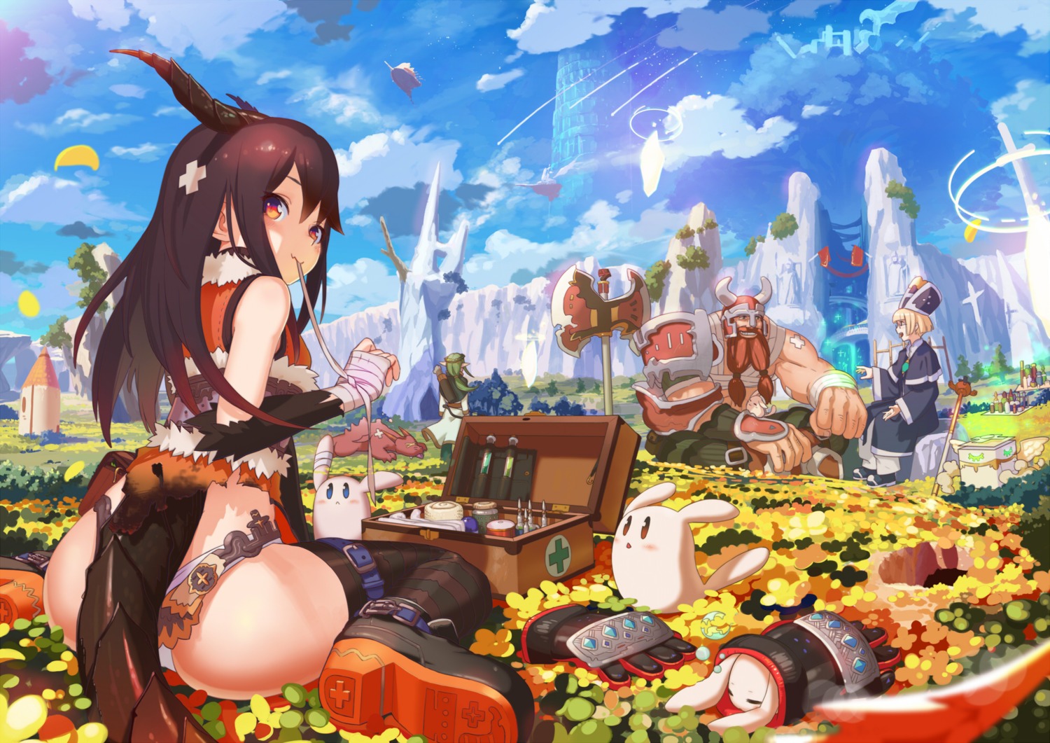 armor, ass, bandages, bandaid, horns, kento1202, landscape, megane