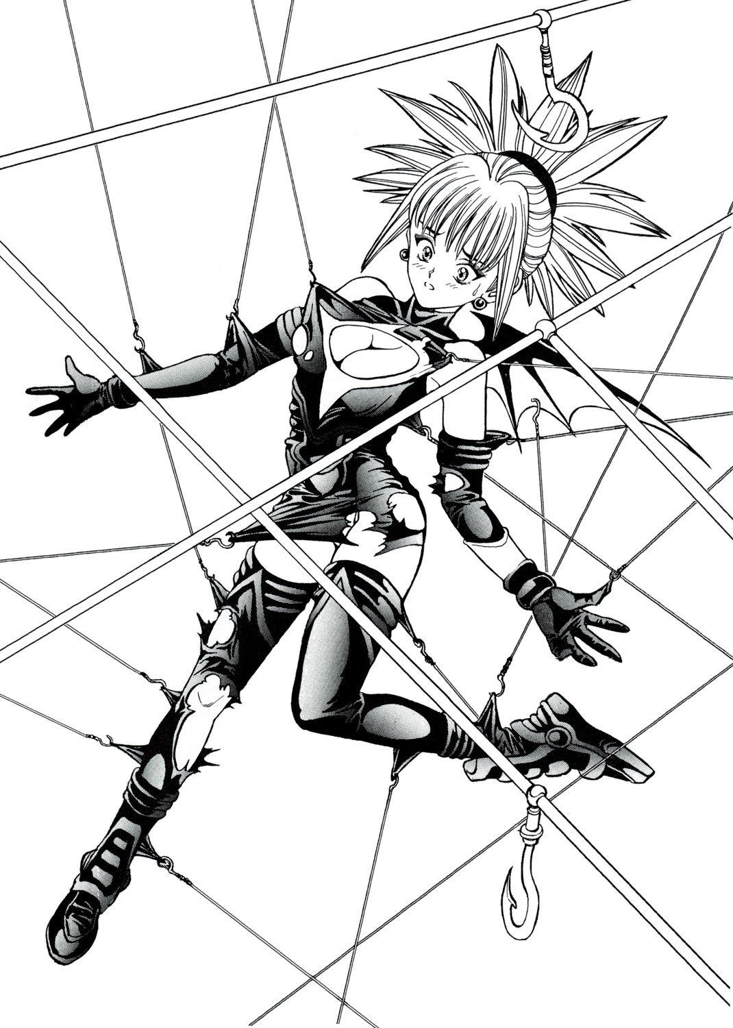bondage, cleavage, dress, katsura_masakazu, monochrome, pantsu, shadow_lady, shadow_lady_(shadow_lady), thighhighs, torn_clothes, wings