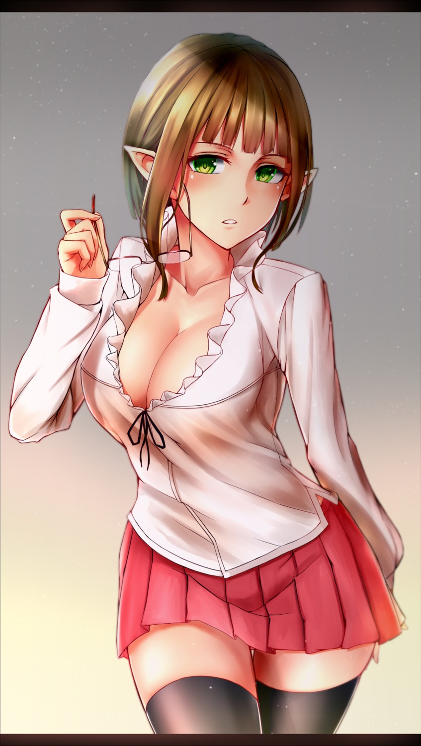 cleavage, dungeon_ni_deai_wo_motomeru_no_wa_machigatteiru_darou_ka, eina_tulle, megane, pointy_ears, shijiu_(adamhutt), thighhighs