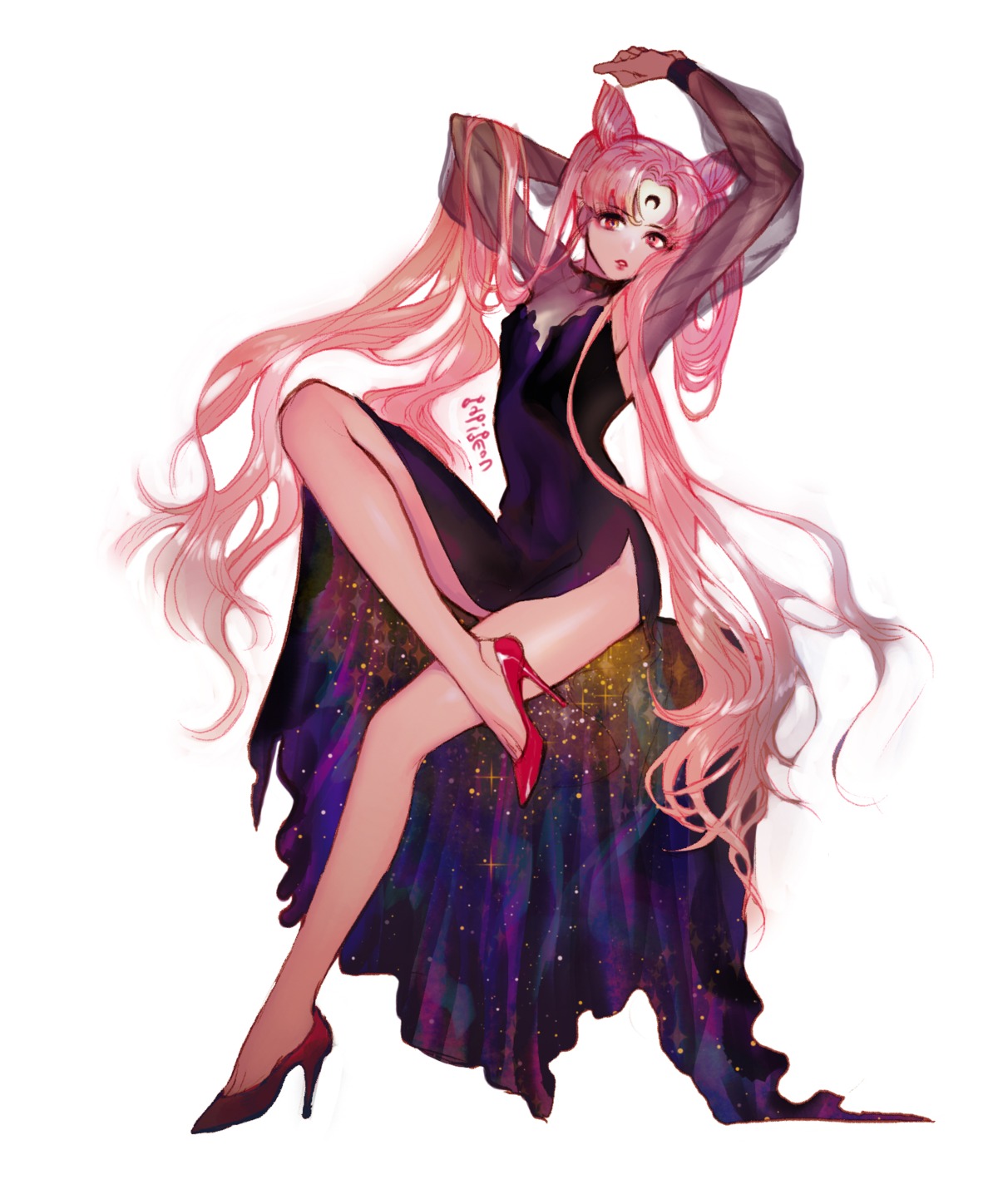 bishoujo_senshi_sailor_moon, black_lady, chibiusa, cleavage, dress, heels, pigeon_(666pigeon), see_through