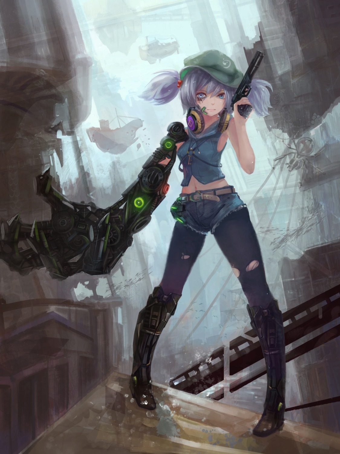 gun, headphones, kawashiro_nitori, magician_(china), pantyhose, torn_clothes, touhou