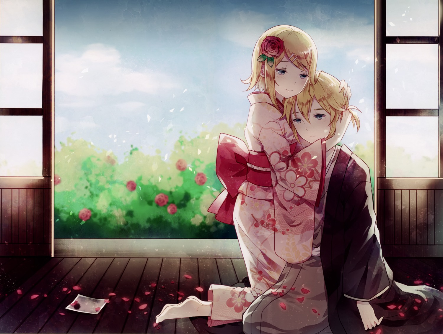 domotolain, feet, kagamine_len, kagamine_rin, vocaloid, yukata