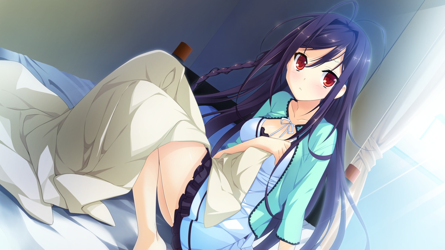 cleavage, dress, game_cg, koisuru_natsu_no_last_resort, kouzaki_umi, marui, pulltop_latte, sheets