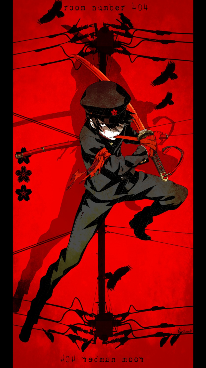 bandages, blood, kamezaemon, male, seifuku, sword