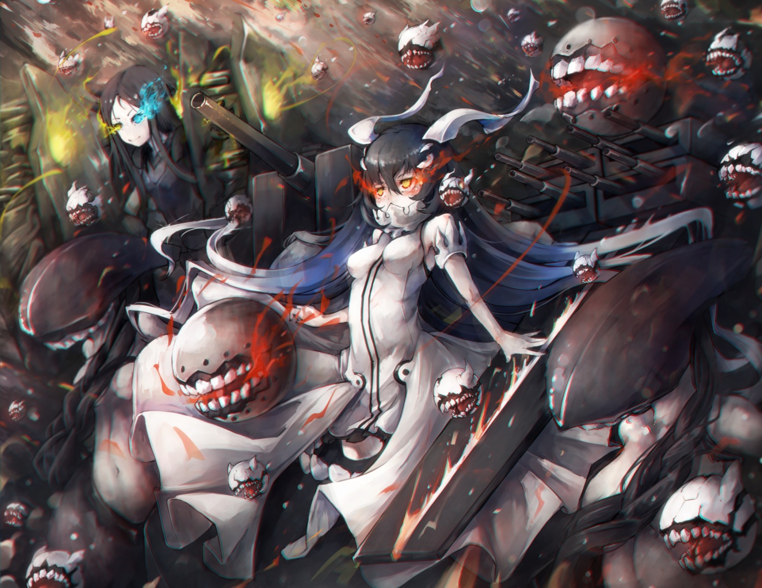 anchorage_water_oni, bodysuit, dress, heterochromia, horns, kajaneko, kantai_collection, ru-class_battleship, wa-class_transport_ship