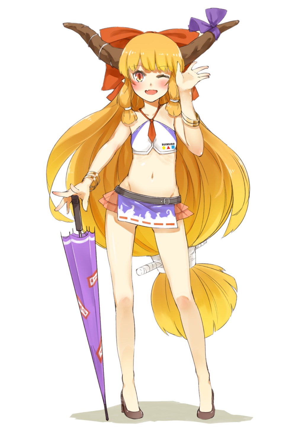 heels, horns, ibuki_suika, nishiuri, touhou, umbrella
