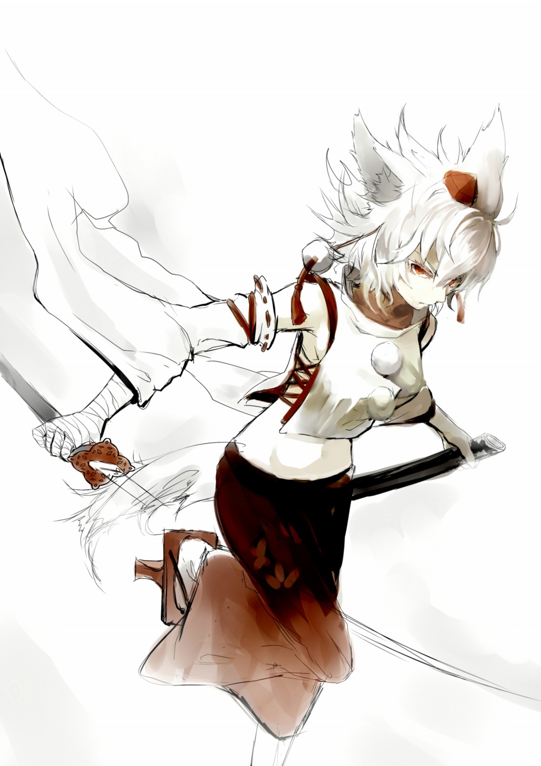 animal_ears, inubashiri_momiji, jebura, sarashi, sword, tail, touhou