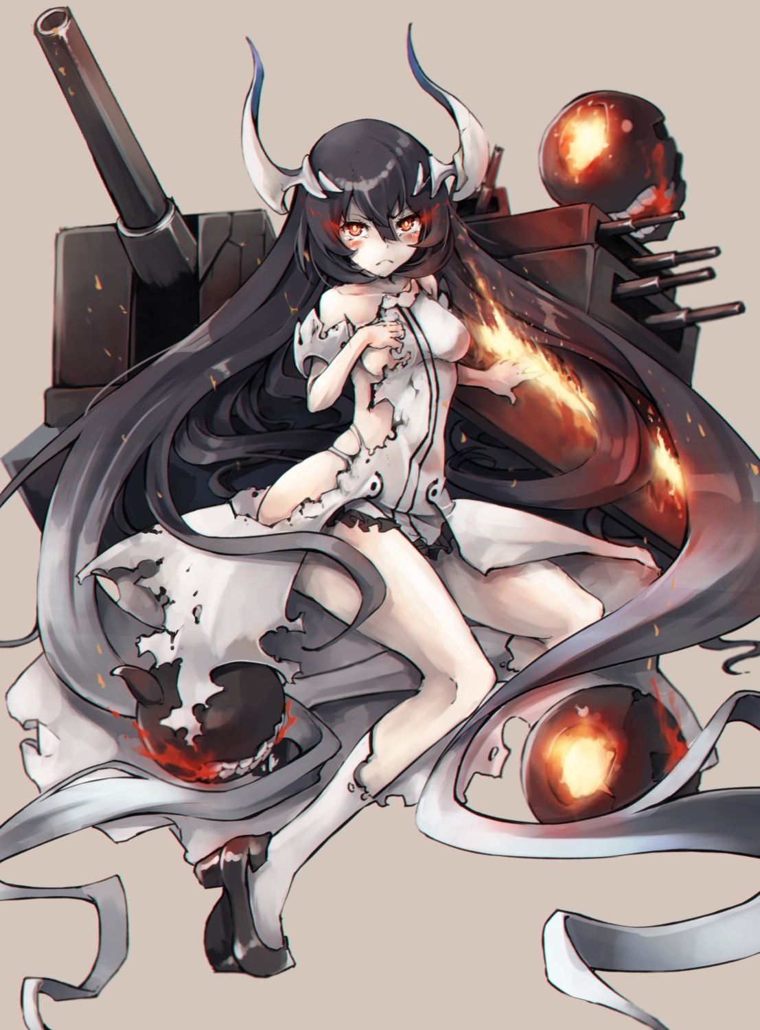 anchorage_water_oni, breast_hold, dress, heels, horns, kajaneko, kantai_collection, no_bra, torn_clothes