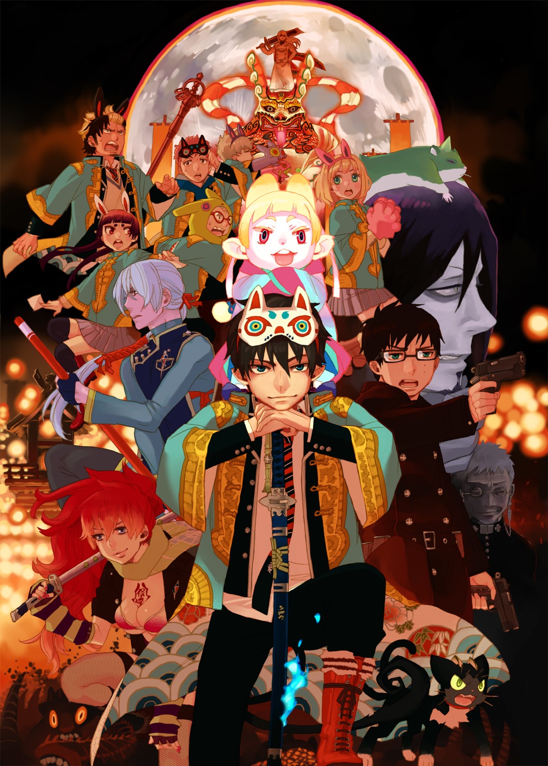 ao_no_exorcist, fujimoto_shiro, kamiki_izumo, kirigakure_shura, kuro_(ao_no_exorcist), mephisto_pheles, moriyama_shiemi, okumura_rin, okumura_yukio, tagme