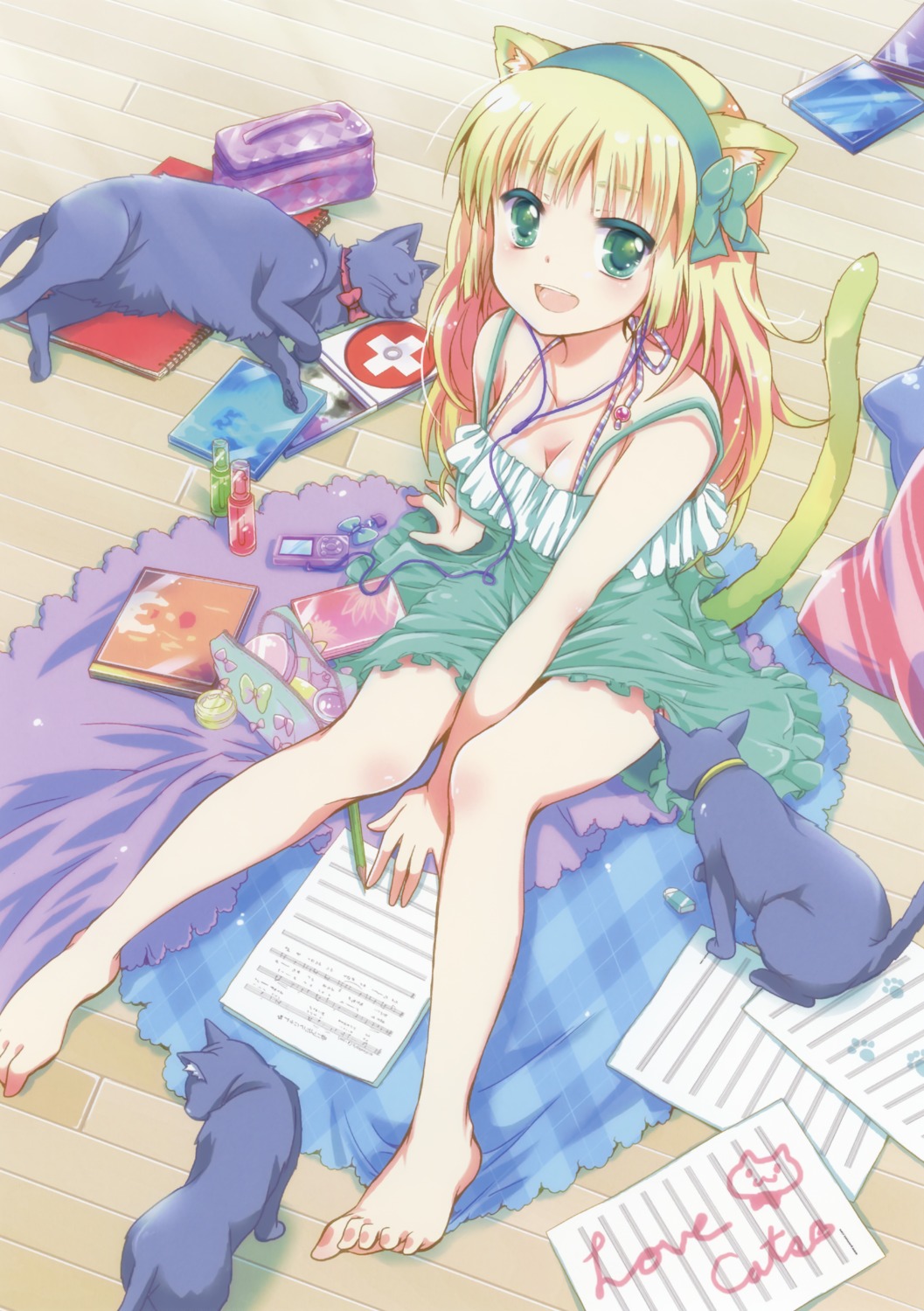 animal_ears, cleavage, dress, feet, mekimeki, neko, summer_dress, tail, toranoana