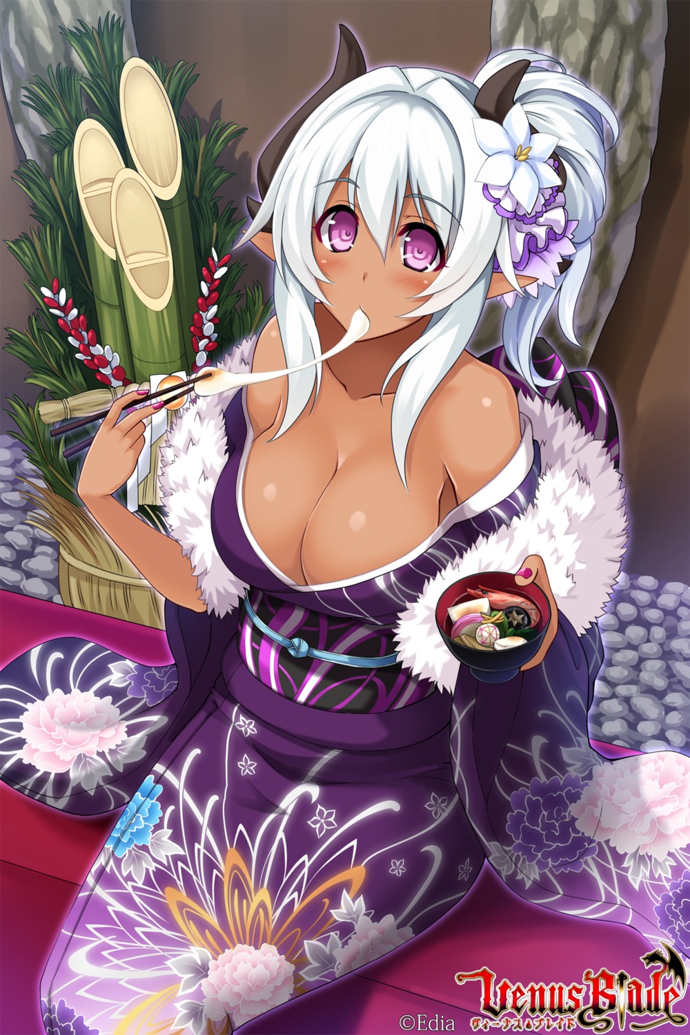 cleavage, hisen_kaede, horns, kimono, no_bra, open_shirt, pointy_ears, venus_blade