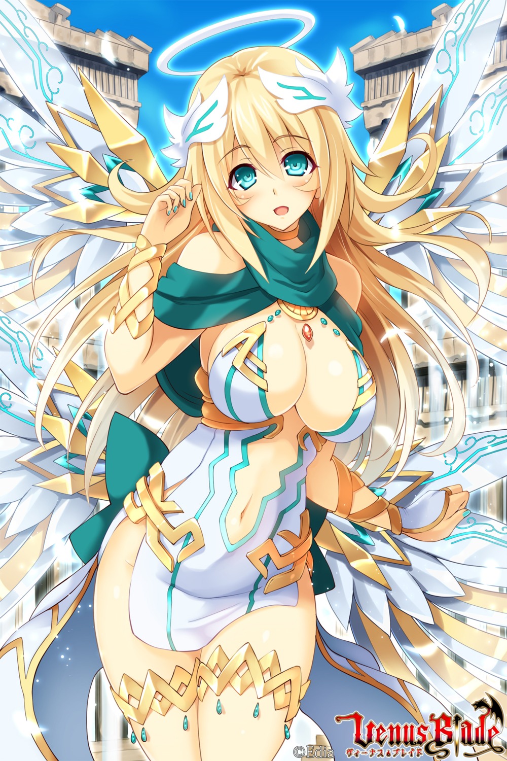 angel, cleavage, garter, hisen_kaede, no_bra, venus_blade, wings