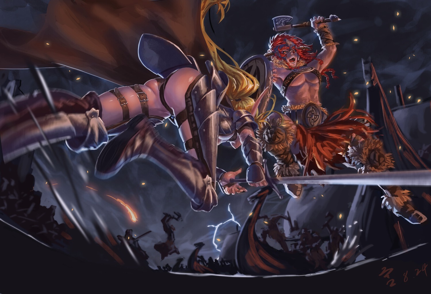 armor, ass, feitie, horns, sword, underboob, weapon