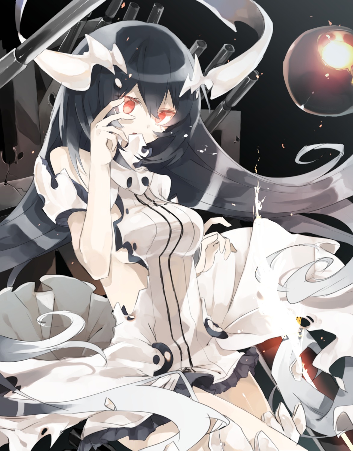 anchorage_water_oni, chibirisu, dress, horns, kantai_collection, no_bra, torn_clothes