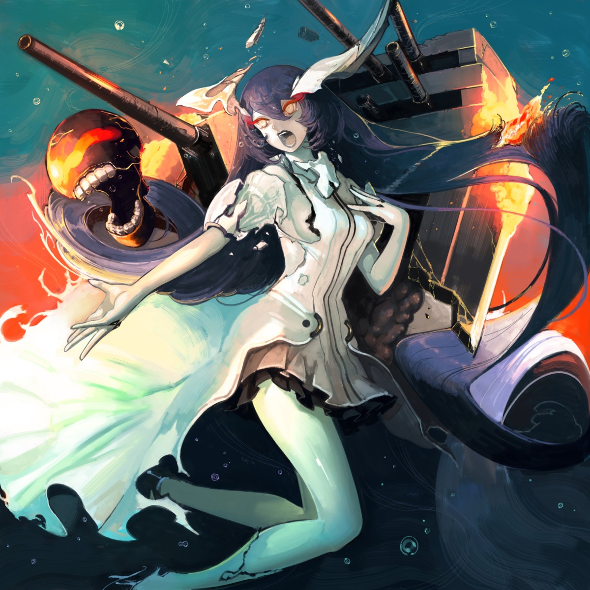 anchorage_water_oni, dress, horns, kantai_collection, mega, no_bra, torn_clothes