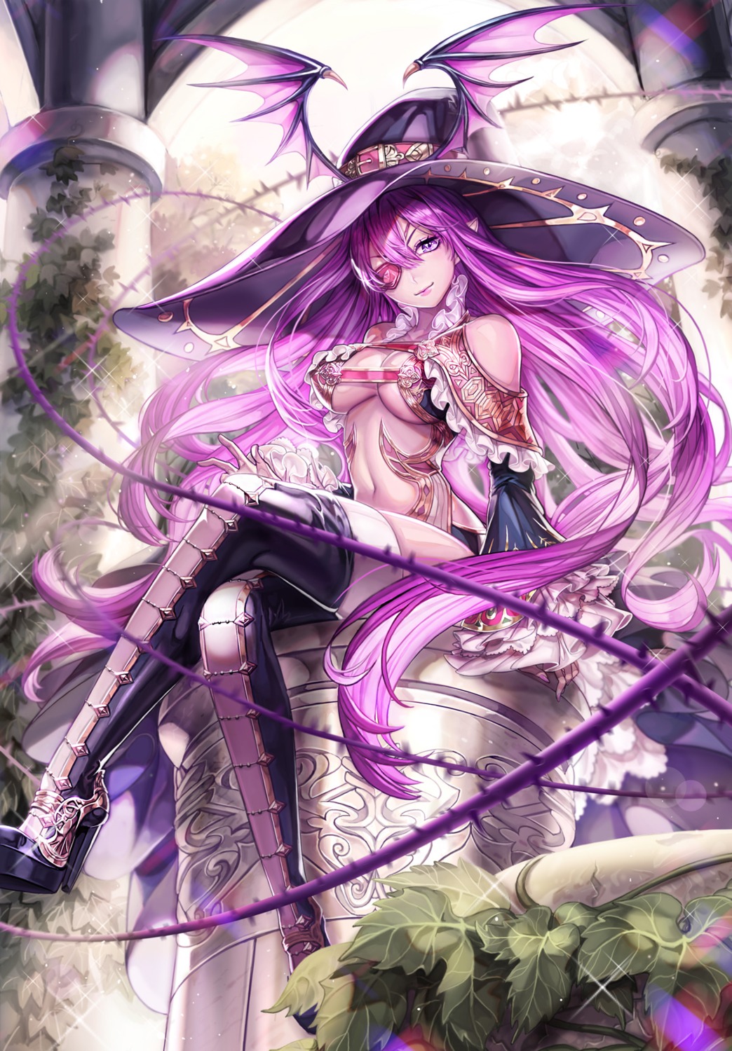 box_(hotpppink), cleavage, eyepatch, heels, pointy_ears, thighhighs, underboob, witch