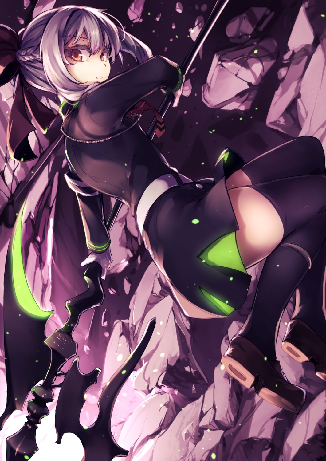 genyaky, hiiragi_shinoa, owari_no_seraph, seifuku, thighhighs, weapon