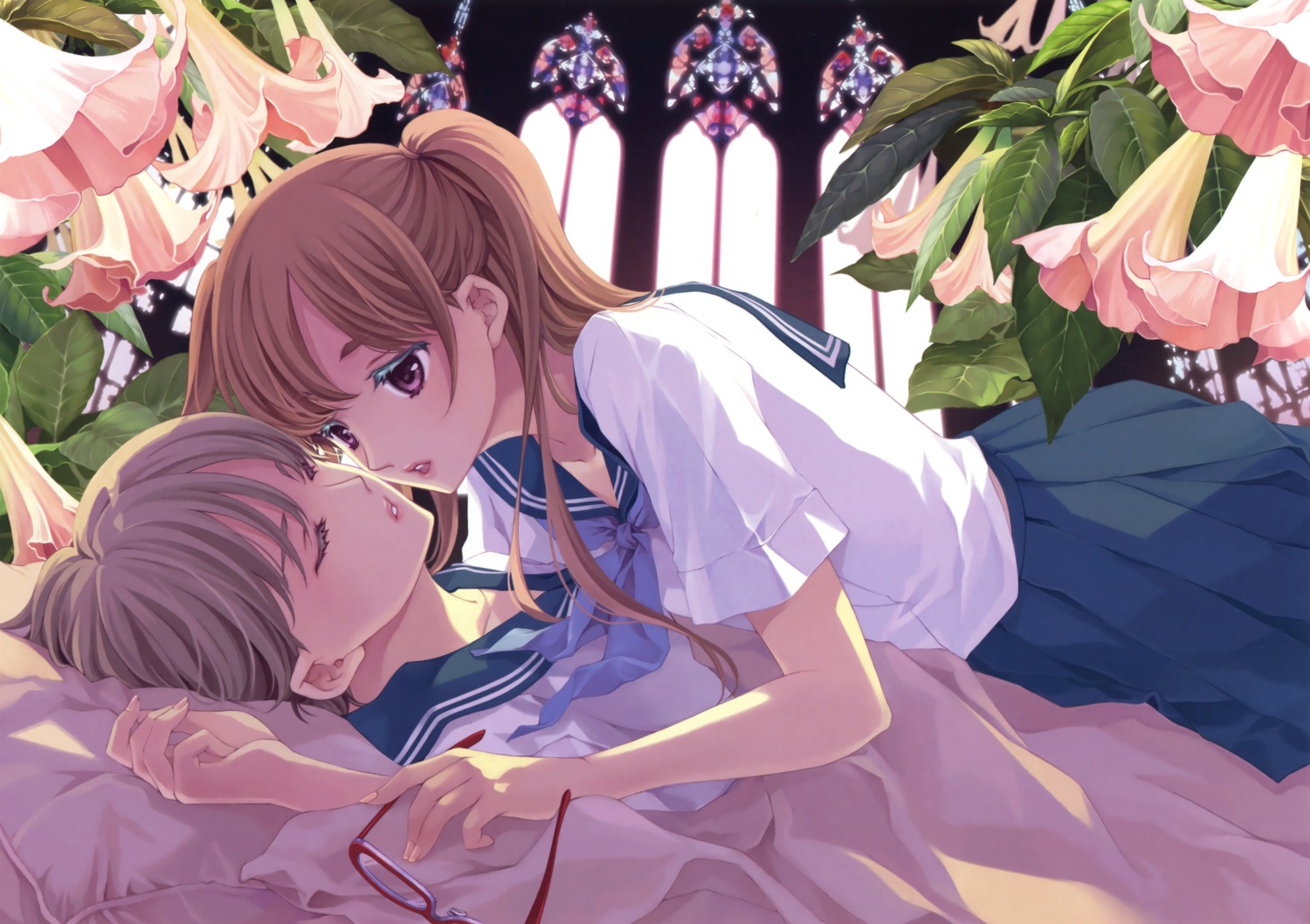 hibiki_reine, megane, seifuku, sheets, yuri