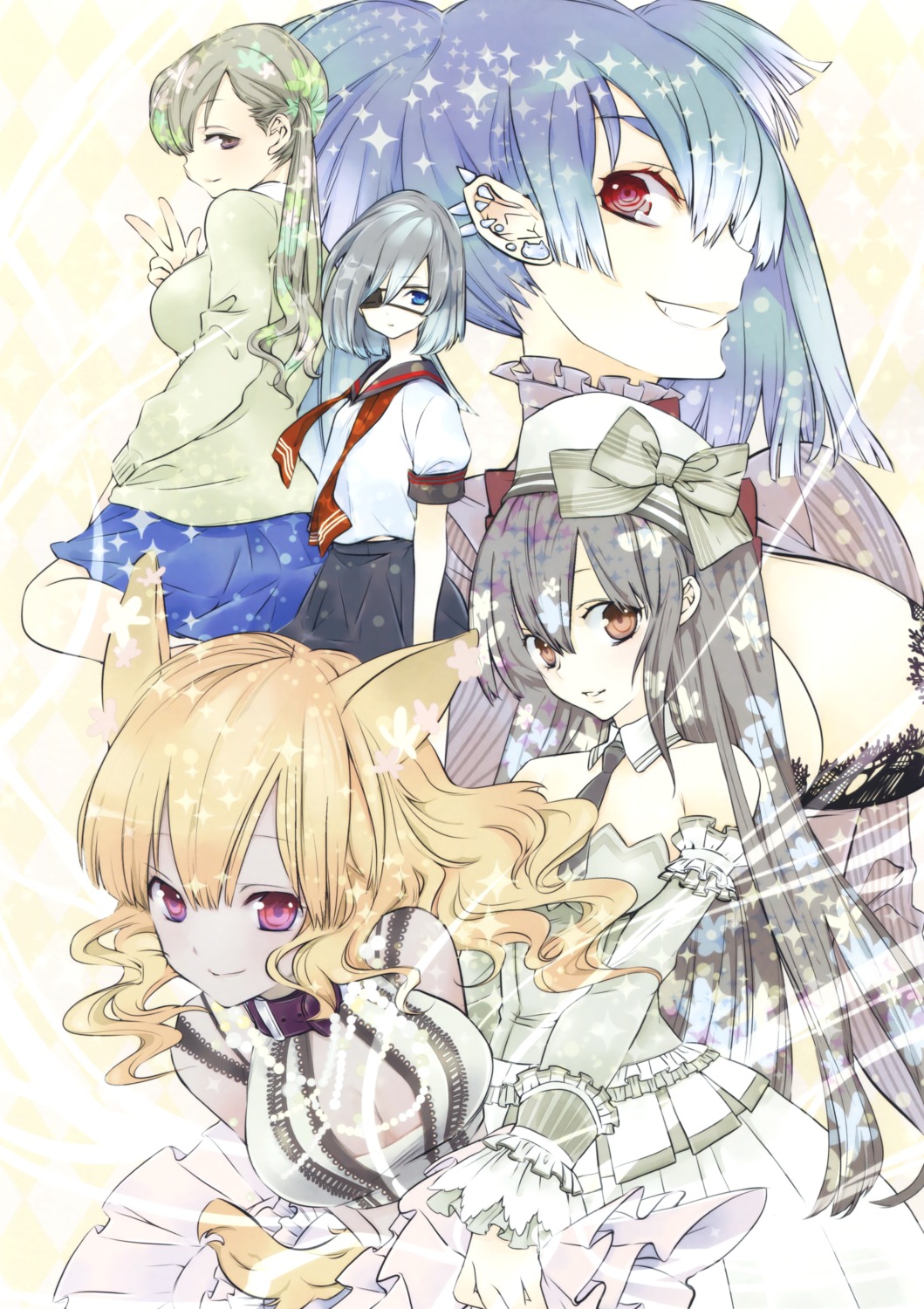 animal_ears, cleavage, dress, eyepatch, kouga_yun, seifuku, sweater