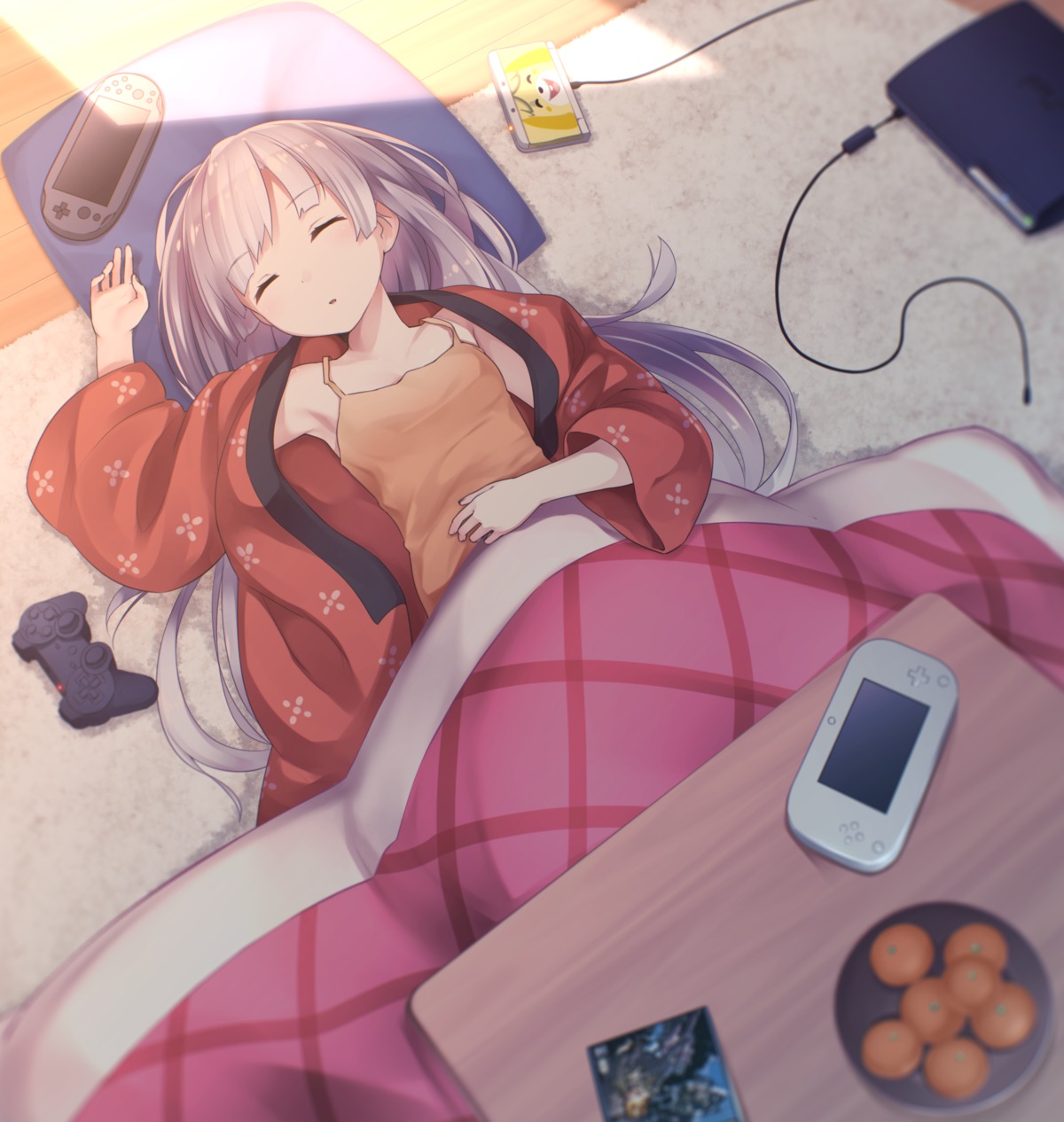 cleavage, ninnzinn, open_shirt, sheets, yukata