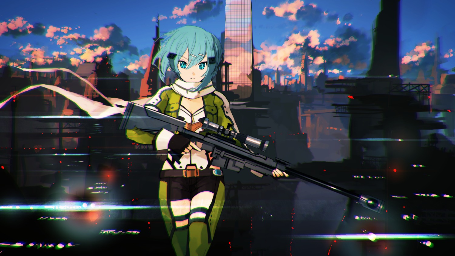 cleavage, gun, gun_gale_online, jan_(artist), sinon, sword_art_online, thighhighs
