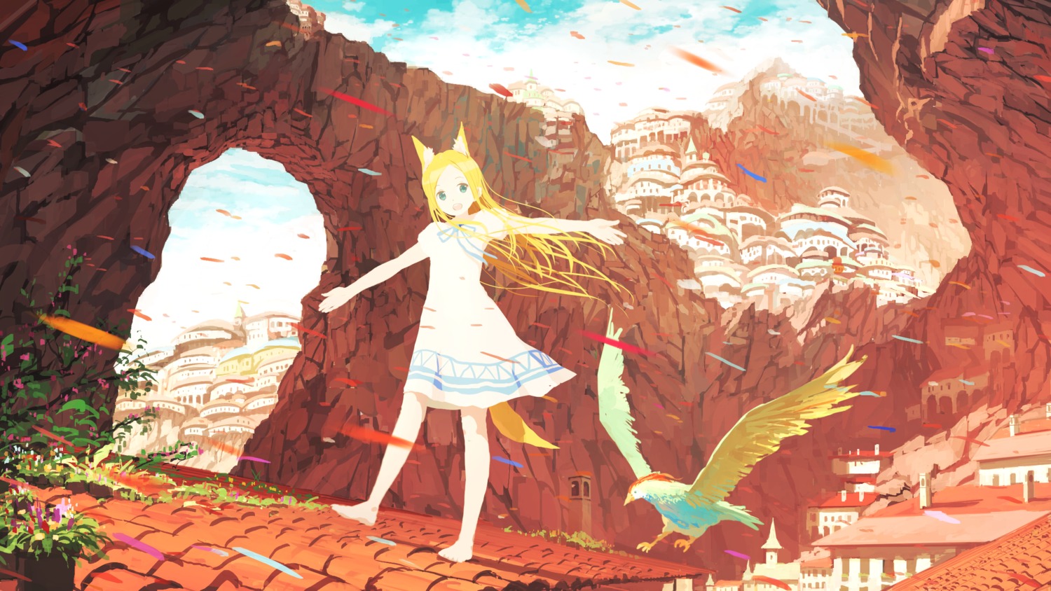 animal_ears, dress, feet, jan_(artist), landscape, tail, wallpaper
