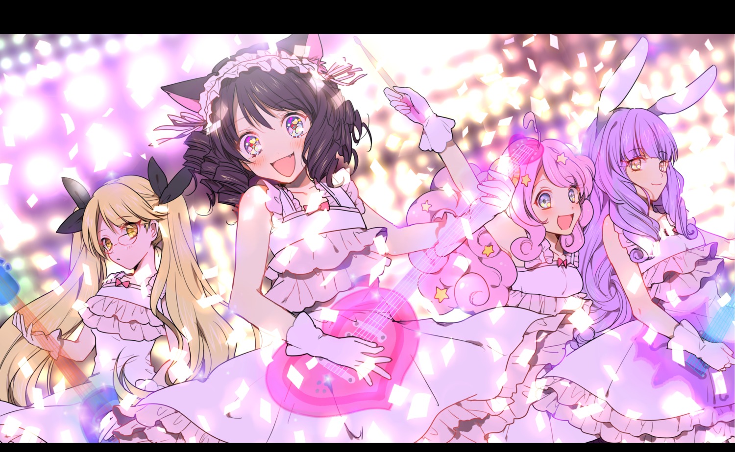 animal_ears, bunny_ears, chuchu_(show_by_rock!!), cyan_(show_by_rock!!), dress, guitar, megane, moa_(show_by_rock!!)