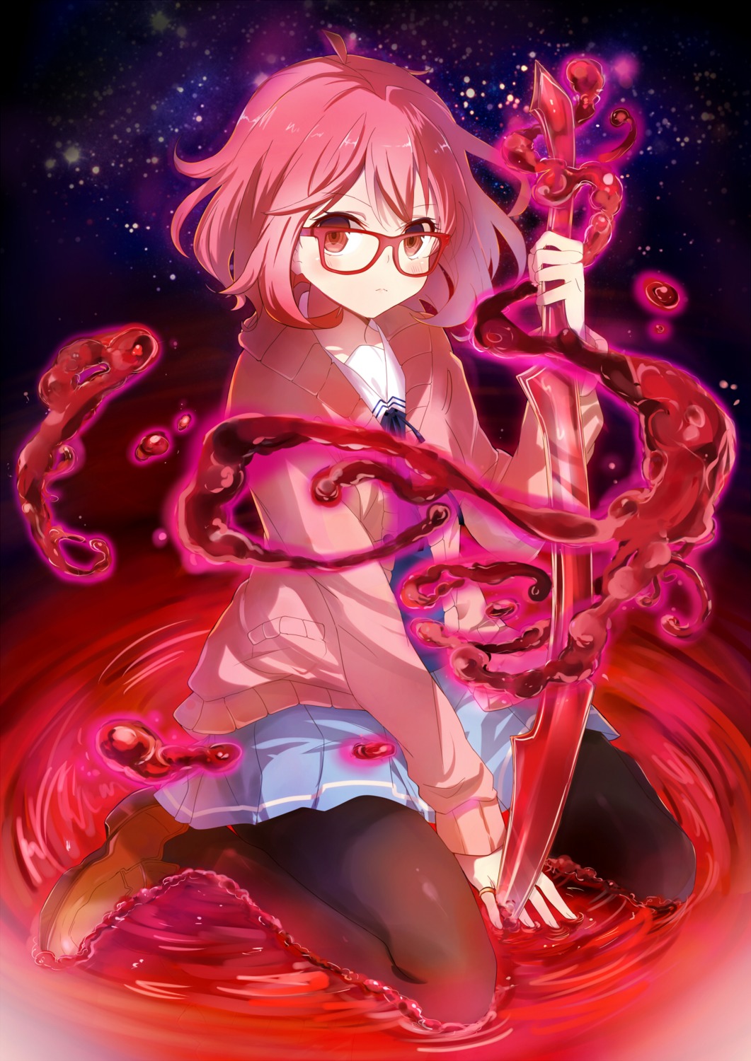 kagura_kurosaki, kuriyama_mirai, kyoukai_no_kanata, megane, pantyhose, seifuku, sword, wet