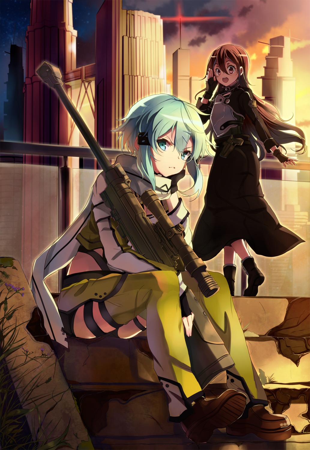 armor, gun, gun_gale_online, kagura_kurosaki, kirito, sinon, sword_art_online
