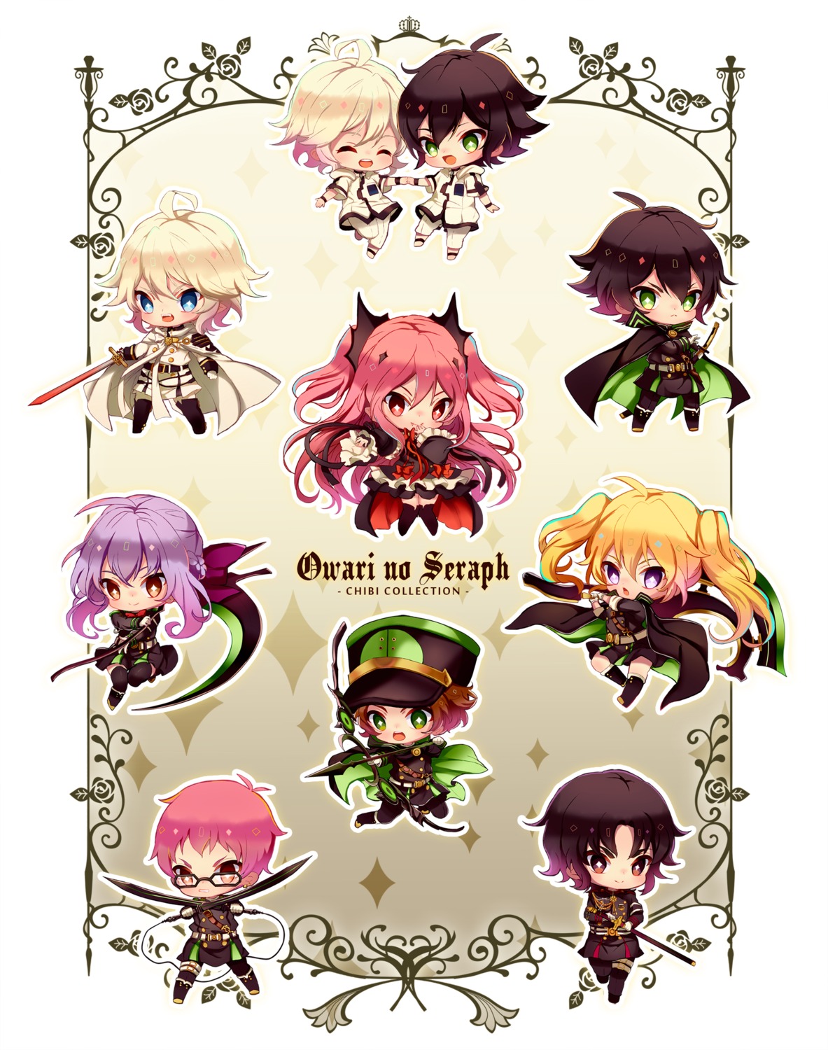 chibi, dress, hiiragi_shinoa, hyakuya_mikaela, hyakuya_yuuichirou, ichinose_guren, kagura_kurosaki, kimizuki_shihou