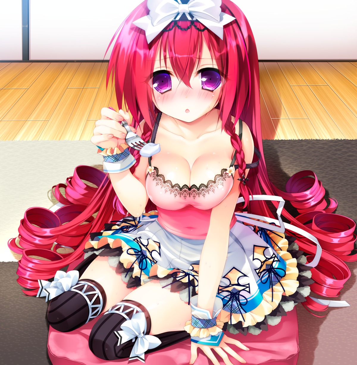 cleavage, game_cg, lass, mayoeru_futari_to_sekai_no_subete, mizunomiya_nana, moriyama_shijimi, thighhighs