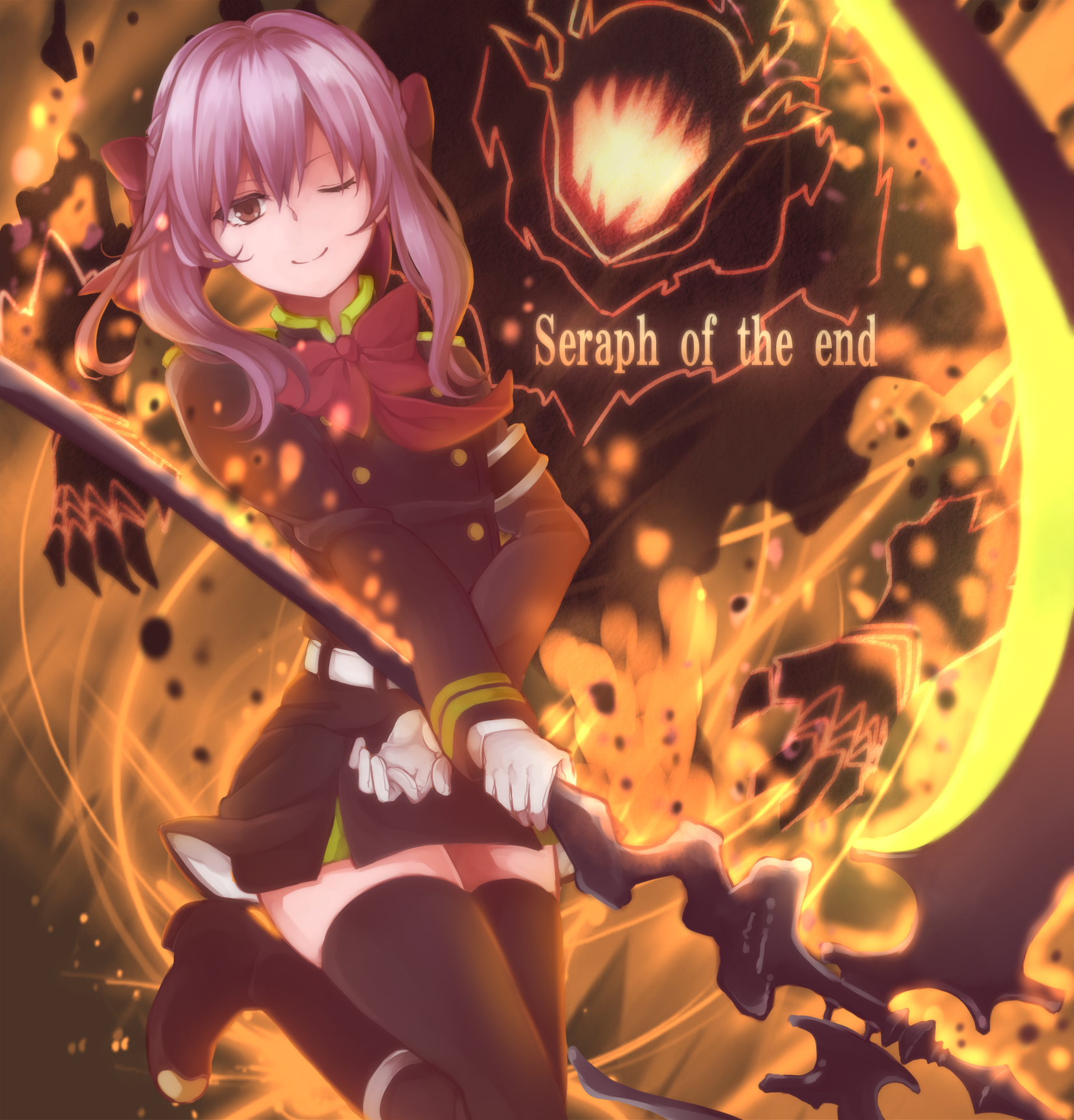 chun_(pixiv:2460194), heels, hiiragi_shinoa, owari_no_seraph, seifuku, thighhighs, weapon