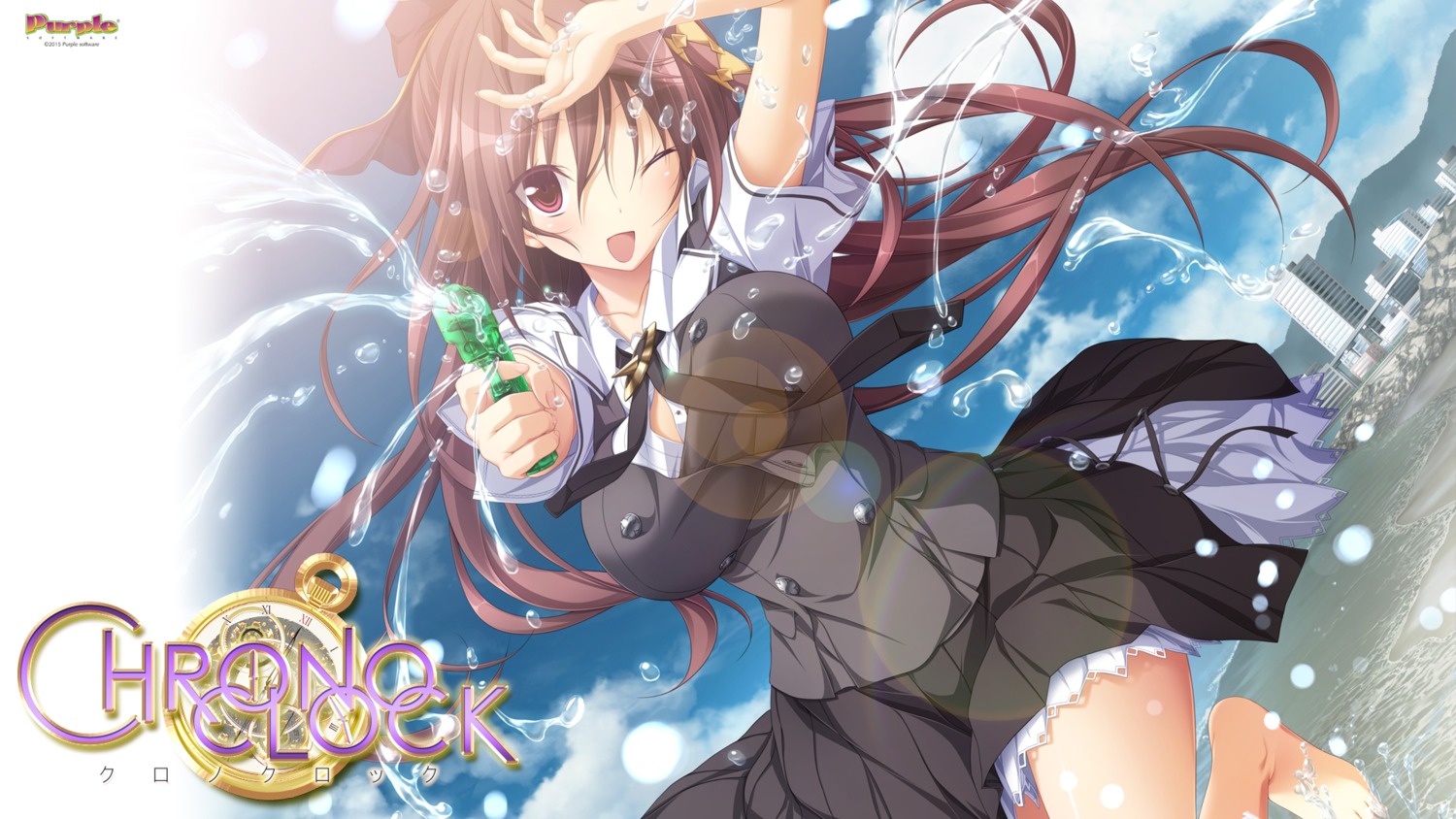 chrono_clock, gun, jounouchi_makoto, koku, purple_software, seifuku, wallpaper, wet