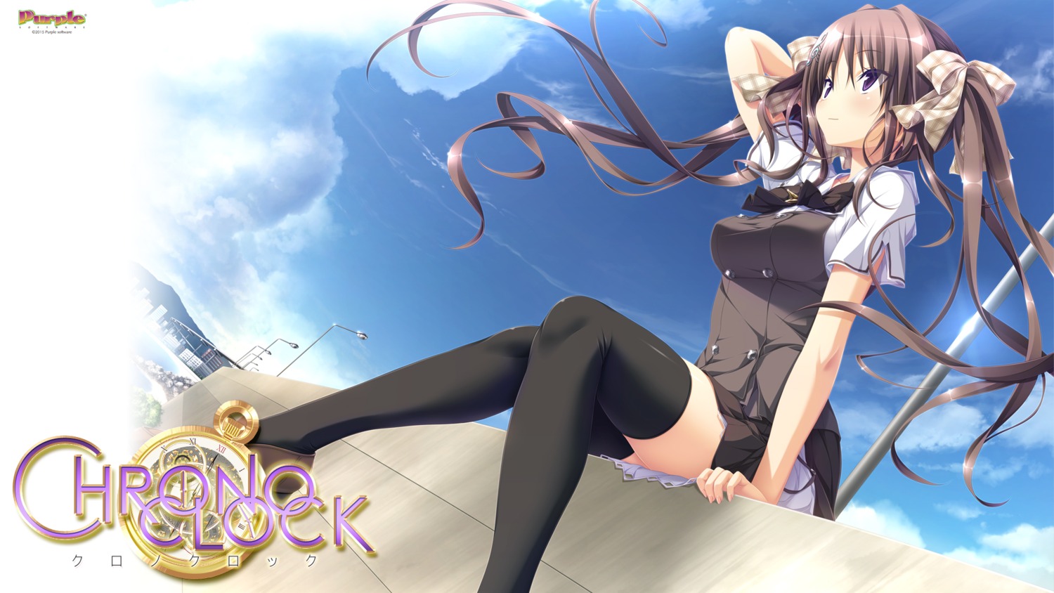 andou_misaki, chrono_clock, koku, purple_software, seifuku, thighhighs, wallpaper