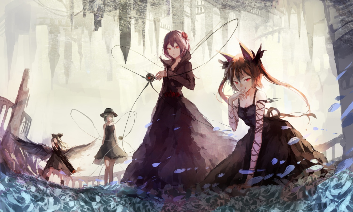 animal_ears, cleavage, dress, kaenbyou_rin, komeiji_koishi, komeiji_satori, reiuji_utsuho, sishenfan