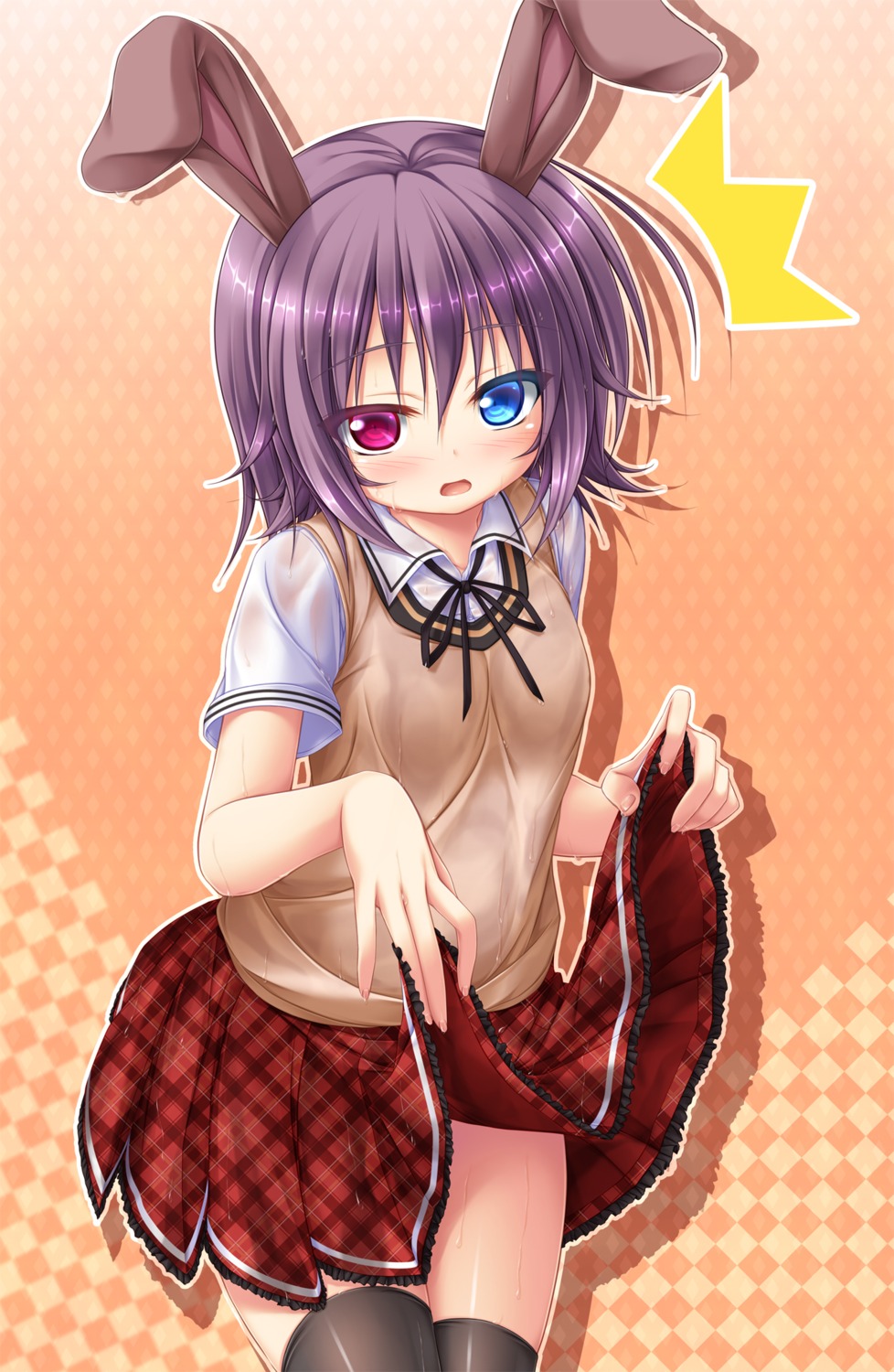 animal_ears, bunny_ears, heterochromia, mizunoe_kotaru, seifuku, skirt_lift, thighhighs, wet