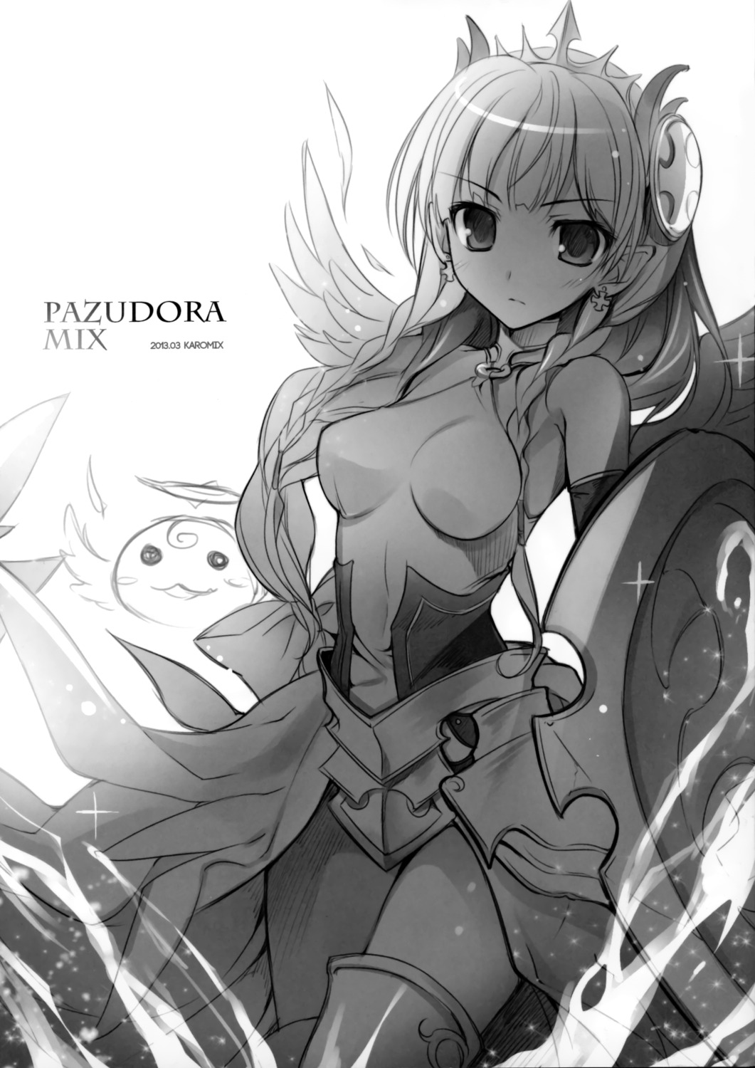 armor, karomix, karory, monochrome, pointy_ears, puzzle_&_dragons, thighhighs, valkyrie_(p&d)