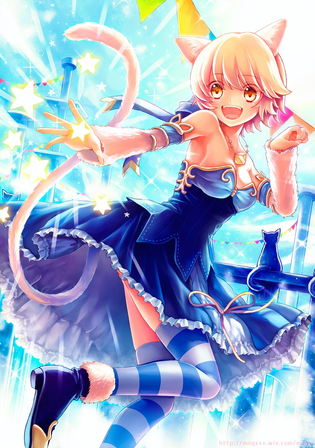 animal_ears, cleavage, dress, heels, kazi, nekomimi, official_watermark, tail, thighhighs