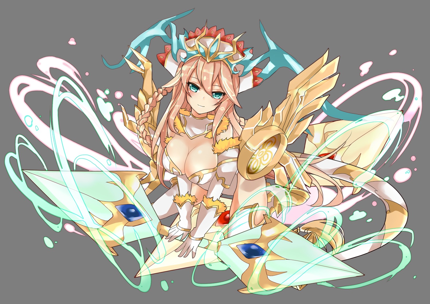 armor, cleavage, khibiki_(brequiem), leotard, puzzle_&_dragons, thighhighs, transparent_png, weapon