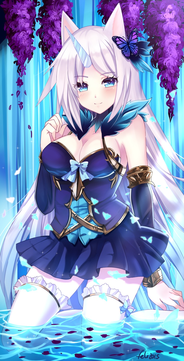 animal_ears, cleavage, dress, felicia-val, horns, thighhighs, wet