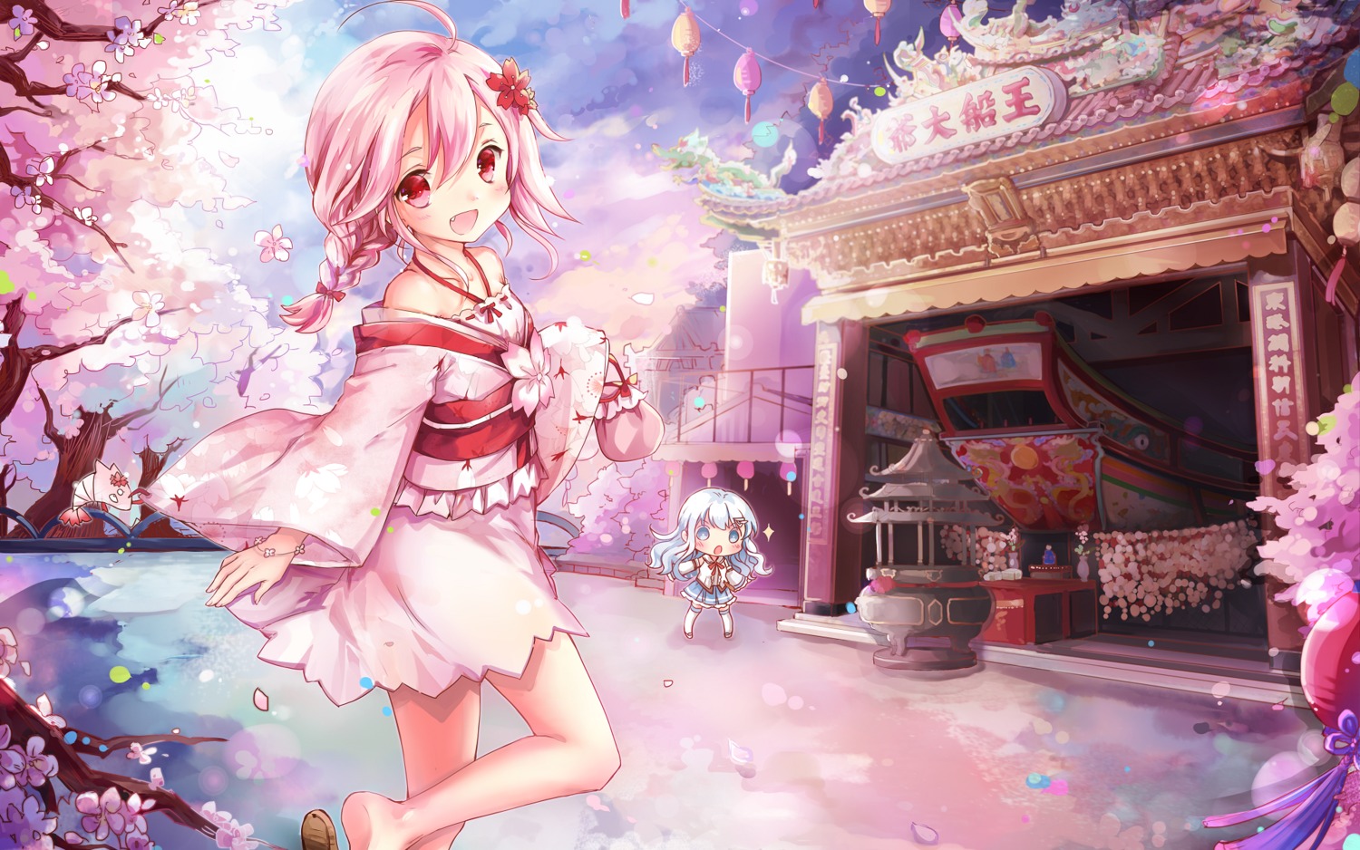 anthropomorphization, bya, chibi, kuuki_shoujo, landscape, seifuku, sergestid_shrimp_in_tungkang, the_personification_of_atmosphere, thighhighs, wallpaper, yukata