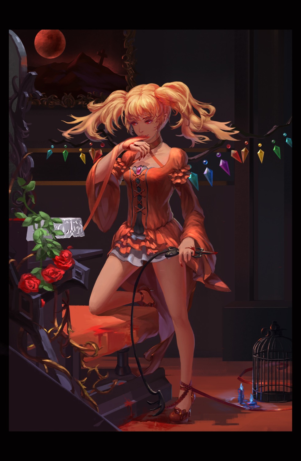 blood, dress, flandre_scarlet, heels, polskash, touhou, weapon, wings