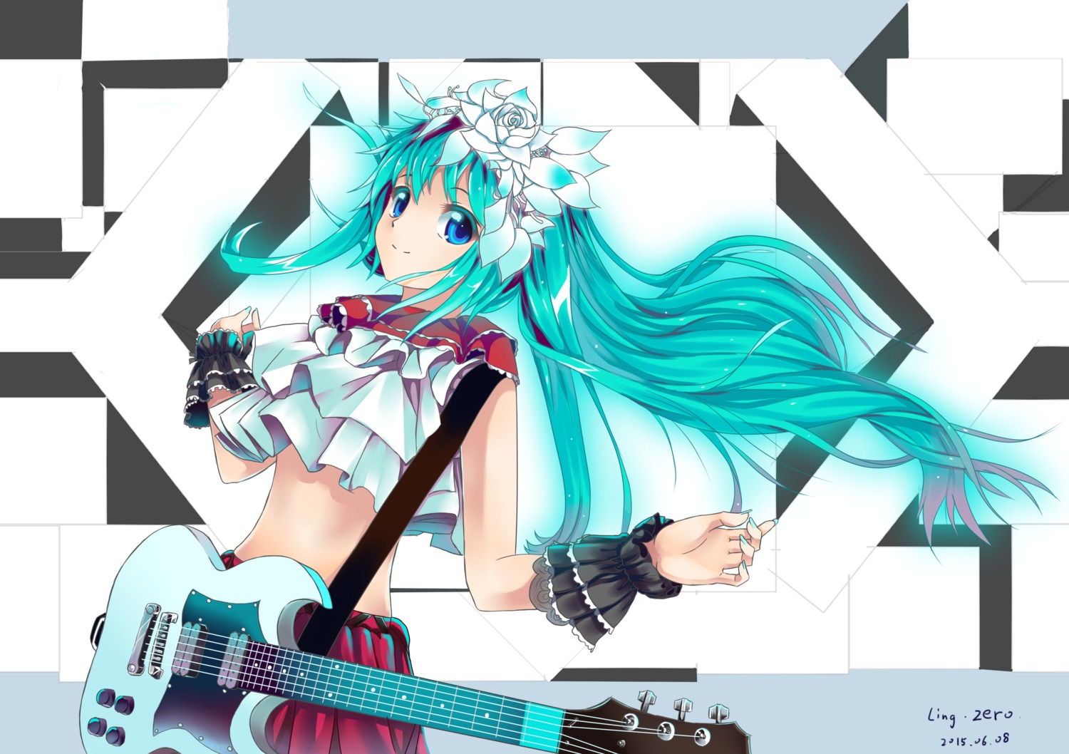 guitar, hatsune_miku, ling_zero, nisoku_hokou_(vocaloid), vocaloid